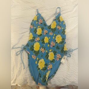Aerie Blue and Yellow One Piece Swimsuit with Floral Pattern